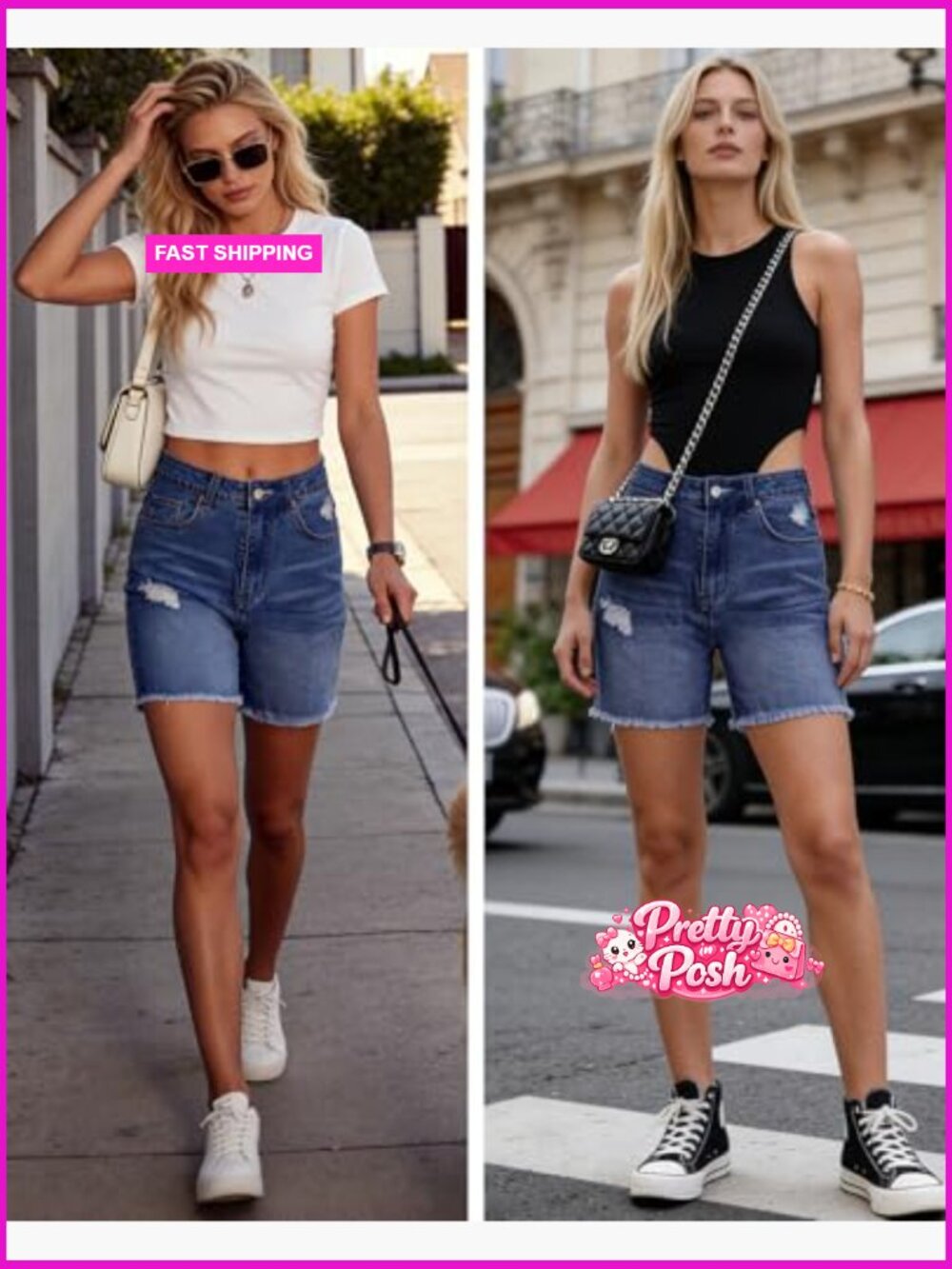 Women High Waisted Stretchy Ripped Denim Shorts Jorts with Raw Hem - Picture 4 of 6